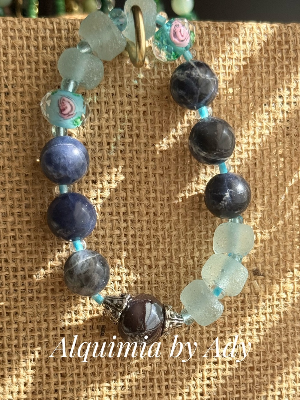 Oversized Blue Sodalite and Sea Glass Stretch Bracelet